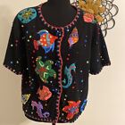 Vintage Michael Simon Sequin Beaded Rainbow Fish & Sea Life Sweater Medium