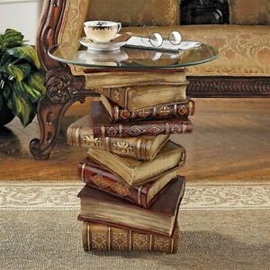 Vintage Stacked Books Sculptural Side End Table w/Glass Top, British Victorian