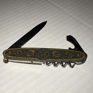 VINTAGE Toledo Knife Folding Pocket 3 Way Handle Ornate Gold Inlay