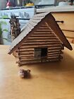 Handmade Vintage Log Cabin House Box/Birdhouse/Folk Art Primitive With Bird Folk