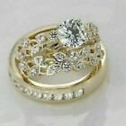 Real Moissanite Trio His Her Bridal Band Wedding Ring Set 14K Yellow Gold Plated