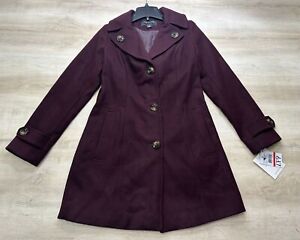 London Fog Womens Coat Burgundy XS Single Breasted Hooded Trench Wool Polyester