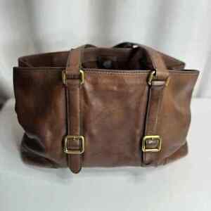 Frye Lily Shoulder Tote Bag Brown Leather with Buckles in Good Condition