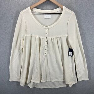 Lucky Brand Womens L Cream White Babydoll Henley Top Waffle Knit Long Sleeve NWT