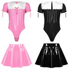 US Men's Wet Look Patent Leather Maid Sexy Sissy Underwear Bodysuit+Skirt Outfit
