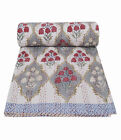 Indian Cotton Queen Kantha Quilt Hand Block Floral Print Blanket Bedspread White