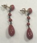 14k GOLD AND RED CORAL DANGLE EARRINGS SCREW BACK