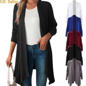 Womens Open Front Fly Away Cardigan Sweater Long Sleeve Loose Drape Rib Banded