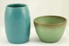 Pair of Vintage American Art Pottery Vase Pots Matte Green & Blue Both Signed