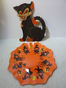 Vintage Antique Halloween Black Cat USA Die Cut Standee + Witch Hallmark Bowl