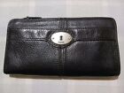 Fossil Womens Maddox Black Leather Zip Around Wallet Clutch Key Hole Hardware