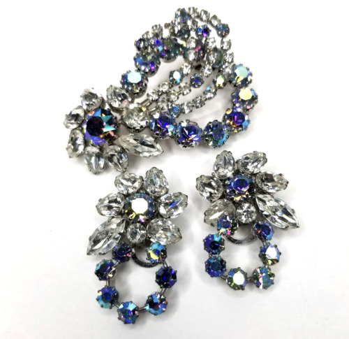 Austrian Rhinestone Brooch Earrings Set Layered Flower AB Blue Clear BIG Vintage