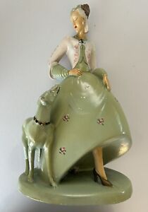 Vintage Lady & Greyhound Dog Chalkware Statue ABCO Art Deco Alexander Backer