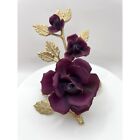 Vintage Capodimonte Porcelain Rose Figurine, Gold Tone Metal Stem Purple Flowers