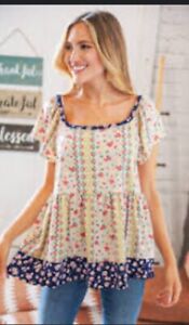 Oatmeal Floral Ruffle Frill Square Neck Babydoll Top. Size Medium.