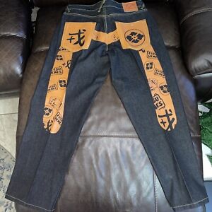 Japanese Evisu Mens black button fly Jeans Lot 0001 Size 36x32.5 Vintage Y2K