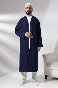 Navy Blue Men's Prayer Robe V-Neck Buttonless Open-Front Islamic Prayer Robe