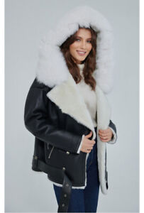 White Shearling Women Jacke with Fox Fur Hood Trim, Black Genuine Sheepskin Coat