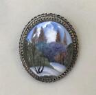 Vintage Russian Enamel and Silver Scenic Landscape Brooch Pin, Trees, Snow, Hill