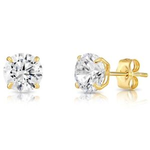 14K Real Solid Gold Solitaire Round CZ Sleeper Stud Earrings Push-back 2.5mm-8mm