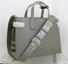 $1790 BURBERRY MD BANNER TAUPE GRAY LEATHER CHECK SHOULDER MEDIUM TOTE BAG