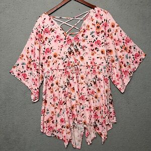 Torrid Top Women 1X Pink Floral Babydoll Tunic Spring Flowy Party Easter Ditzy