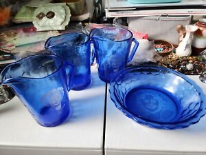 Vintage Lot Of Shirley Temple Cobalt Blue Glass Cereal Bowl and 3 creamers