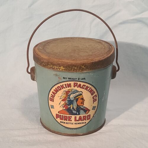 New ListingRare Shamokin Packing Co. 2lb Pure Lard Can/  Tin / Pail, Indian Chief Graphic