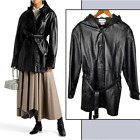 Vintage 90's Womans XL Leather Trench Coat HOODED Tie Waist Long Jacket Black