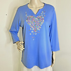 Quacker Factory M Blue Stretch Jersey Tee Top Tunic Blouse Embroidered Floral