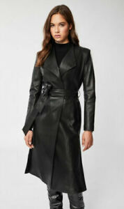 Leather Formal Style Winter Casual Black Women's Trench Coat Genuine Lambskin