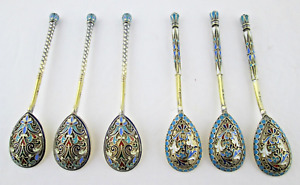 Antique RUSSIAN Silver 84 GILT CLOISONNE ENAMEL 6 Spoons