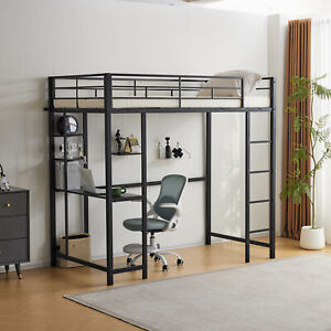 Metal Loft Bed with Built-in Desk and Book Shelves Twin Size Metal Bed Frame