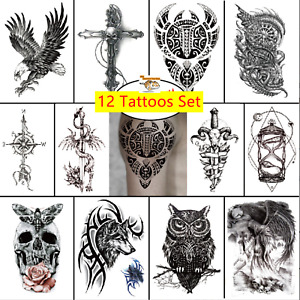 12 Sheets/Set Temporary Tattoo Stickers Waterproof 3D Animal Eagle Wolf Body Art