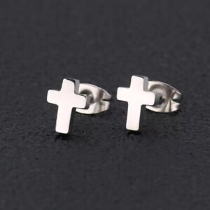 Silver Small Cross Ear Stud Earrings Christian Jewelry Surgical Steel Men Women