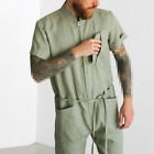 Men's Short Sleeve Coverall Jumpsuit Cotton Blend Zip Up Pockets Solid Overalls