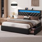 Full Queen Faux Leather Bed Frame with LED Light PU Bed Frame with Drawers Black