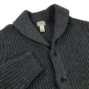 LL Bean Shawl Cardigan Lambswool Sweater Mens Size L SLIM FIT Heavey Knit Gray