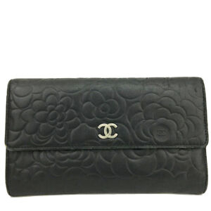 CHANEL Camellia CC Logo Black Leather Long Bifold Wallet/9Y1585