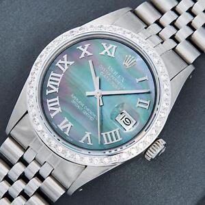 Rolex Mens Datejust Steel and 18K Gold Tahitian MOP Roman Diamond Bezel Watch