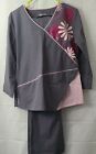 Urbane Performance Scrubs- V Neck Top and Pants Gray and Pink Flowers Size Med