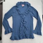 Chocolate Kisses Shirt Womens Junior Size XL Blue Knit Ribbed Frilly Long Sleeve
