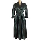 40s Vintage Babs Junior Dark Green Satin Shawl Collar Party Dress with Belt XS