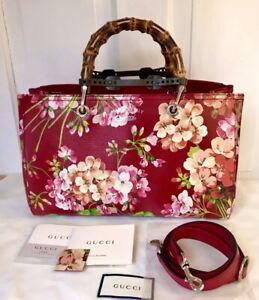 Gucci Rare Red Blooms Bamboo Shopper Handbag 2 Way Medium Shanghai Tote Bag