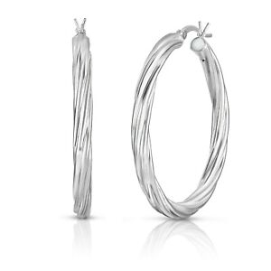 925 Sterling Silver 14K White Gold Plated Twisted Hoop Earrings, Gift 20mm-50mm