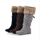 Womens Warm Snow Boots Mid Calf Faux Suede Buckle Fur Trim Winter Knee High Boot