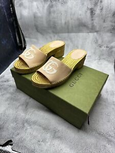 Gucci Gold Espadrille Sandal Slide Heel Embroidered GG Logo 36.5 Euro - 6 1/2 US