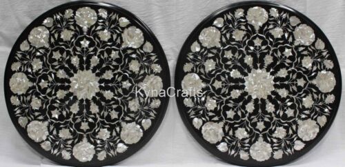 Round Black Marble Coffee Table Top MOP Inlay Work Kitchen Table Set of 2 Pieces