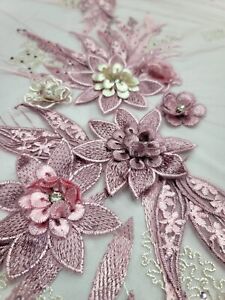 DUSTY ROSE 3D Mauve Flowers Rhinestones Embroidery Lace Fabric Sold By The Yard