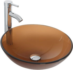 Tawny Bathroom Vessel Sink Glass Counter Top with Faucet Pop-Up Drain Set
